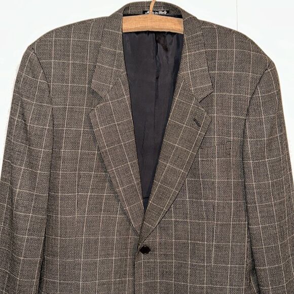 MANI SAKS 44L Brown Plaid Mini Houndstooth Pure Virgin Wool Blazer Jacket - Picture 3 of 15